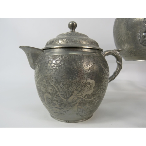 189 - Vintage Chinese Export Nguan Ching Heng / Wahlee Swatow pewter teapot, sugar bowl and jug.