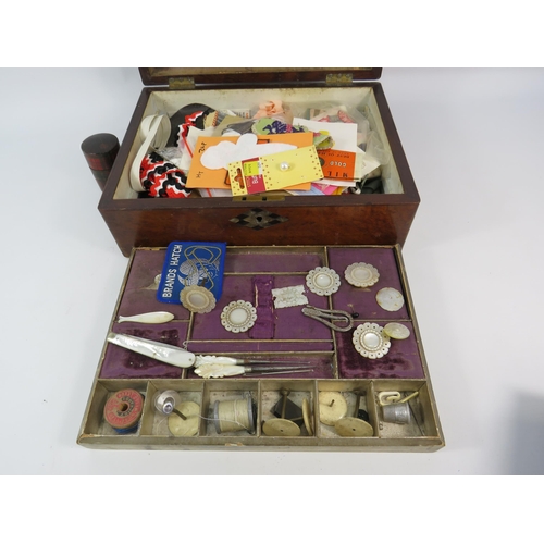 196 - Antique wooden sewing box and contents, including various Mother of pearl items. 12