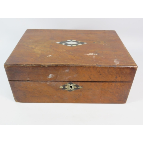 196 - Antique wooden sewing box and contents, including various Mother of pearl items. 12