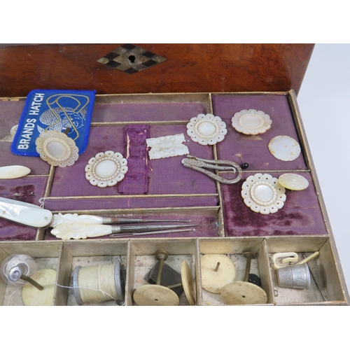 196 - Antique wooden sewing box and contents, including various Mother of pearl items. 12