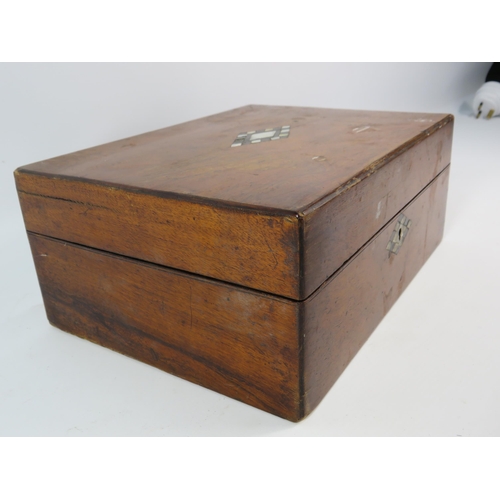 196 - Antique wooden sewing box and contents, including various Mother of pearl items. 12