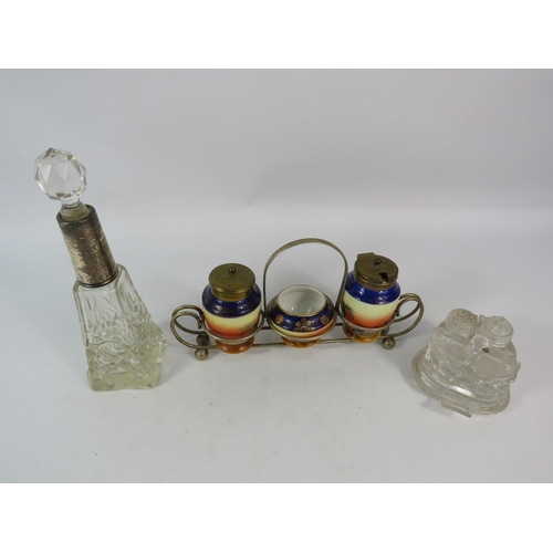 213 - Cut glass scent bottle with sterling silver collar and Two cruet sets.