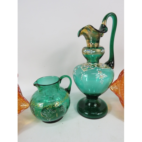 215 - Two Bohemian green glass jugs decorated with enamel plus two carnival glass bowls.