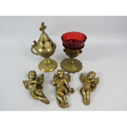 216 - Incense burner, Vigil lamp candle holder and 3 cherub wall plaques.