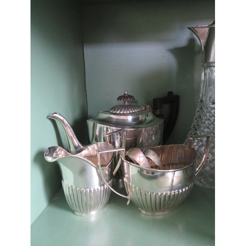 253 - Large selection of silver plated items including teasets, claret jug etc.