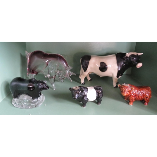 256 - Various Glass and ceramic bull and cow figurines including one by Murano. (Tail missing from large g... 