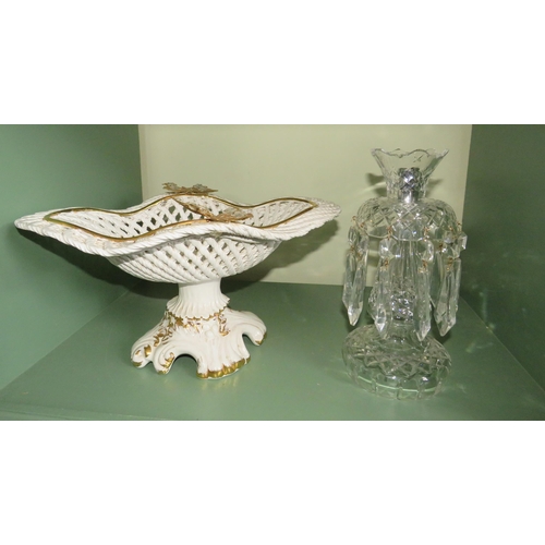 264 - Crystal glass lustre lamp base and a ceramic basket centre piece bowl.