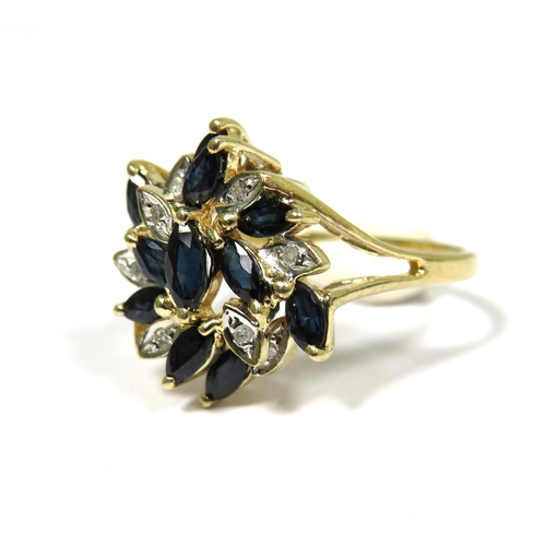 307 - 9ct Yellow Gold Ring set with Clusters of Diamond and Sapphires.  Finger size 'M'   3.3g