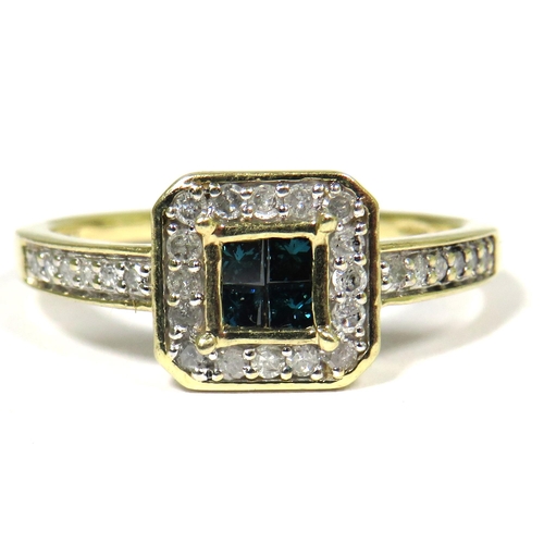 309 - 9ct Yellow Gold Ring set with Four Central Blue/Green Diamonds with Diamond Surround and Diamond set... 