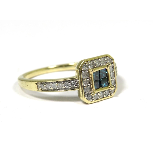 309 - 9ct Yellow Gold Ring set with Four Central Blue/Green Diamonds with Diamond Surround and Diamond set... 