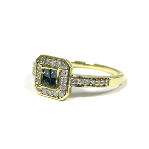 309 - 9ct Yellow Gold Ring set with Four Central Blue/Green Diamonds with Diamond Surround and Diamond set... 