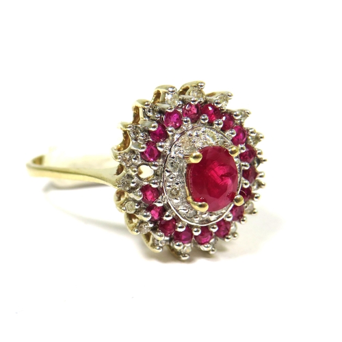 315 - 9ct Yellow Gold Ring set with a Central Ruby (6 x 4mm) With alternate surrounds of Diamonds and Rubi... 