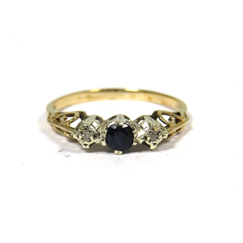 317 - 9ct Yellow Gold Ring set with a Central Sapphire (6 x 3mm) with Twin Melee Diamonds to side. Finger ... 