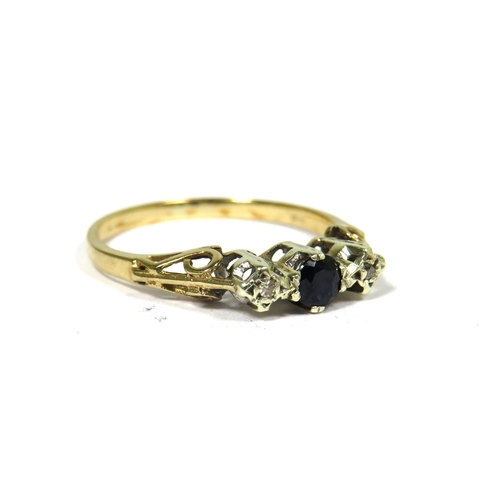 317 - 9ct Yellow Gold Ring set with a Central Sapphire (6 x 3mm) with Twin Melee Diamonds to side. Finger ... 