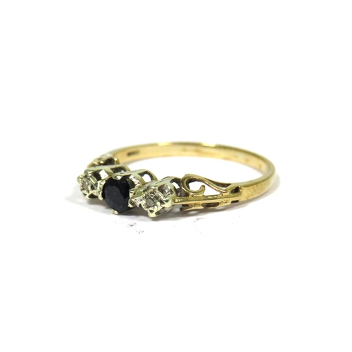 317 - 9ct Yellow Gold Ring set with a Central Sapphire (6 x 3mm) with Twin Melee Diamonds to side. Finger ... 