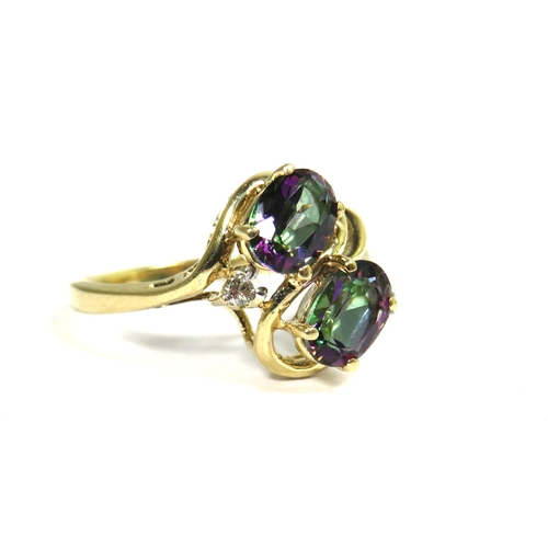 333 - 9ct Yellow Gold Ring set with Twin Mystic Topaz and Small Diamond.  Finger size 'P-5'   3.0g