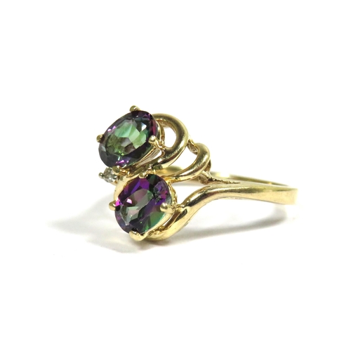 333 - 9ct Yellow Gold Ring set with Twin Mystic Topaz and Small Diamond.  Finger size 'P-5'   3.0g