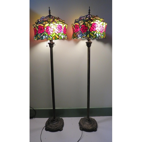 273 - Two Art Nouveau Tiffany style standard lamps with large Rose design shades , approx 60