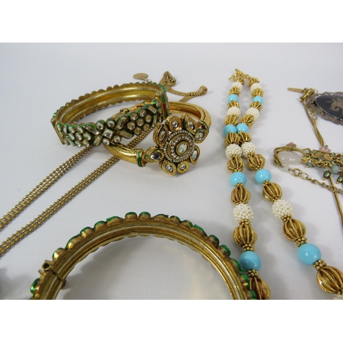 291 - Selection of gold coloured statement costume jewellery & a sterling silver brooch.