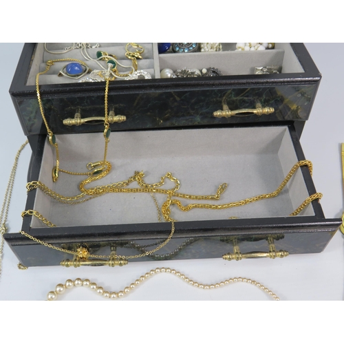 294 - Jewellery box and costume jewellery contents including a rolled gold enamel faced locket.