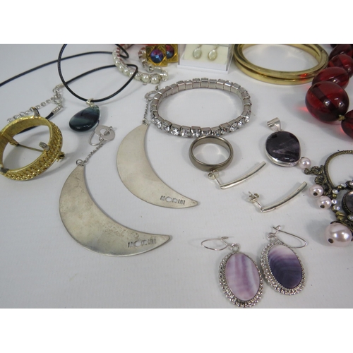 299 - Mixed costume jewellery including a bakelite bangle, cherry bead necklaces and some sterling silver ... 