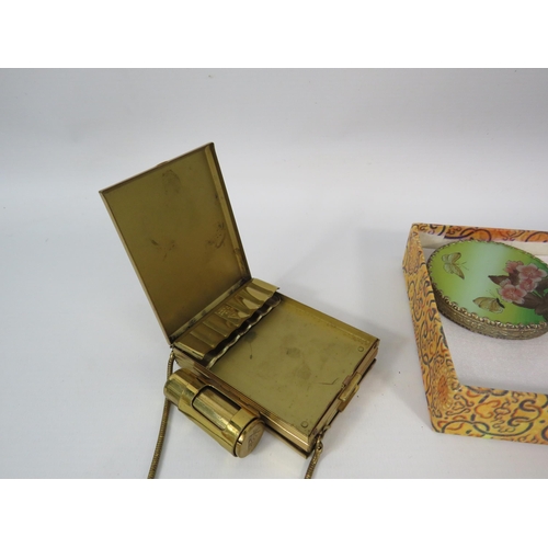 484 - Kigu compact/ cigarette case & lipstick holder plus a japanese jadeite handle vanity mirror and trin... 