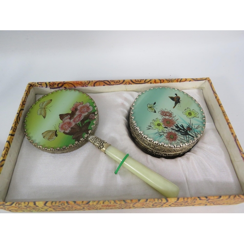 484 - Kigu compact/ cigarette case & lipstick holder plus a japanese jadeite handle vanity mirror and trin... 