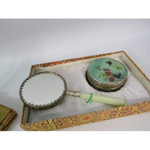 484 - Kigu compact/ cigarette case & lipstick holder plus a japanese jadeite handle vanity mirror and trin... 