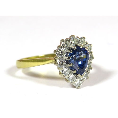 341 - 18ct Yellow Gold Ring set with a Central Pear shaped Cornflower Sapphire (8x5mm. Approx 0.75ct) and ... 