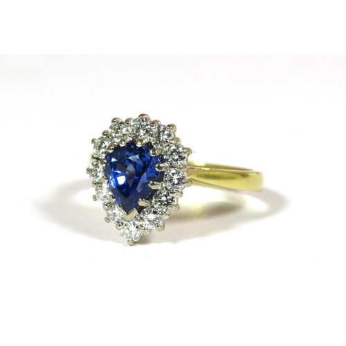 341 - 18ct Yellow Gold Ring set with a Central Pear shaped Cornflower Sapphire (8x5mm. Approx 0.75ct) and ... 