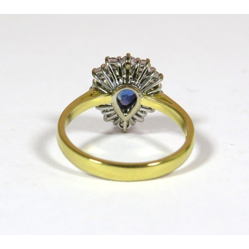 341 - 18ct Yellow Gold Ring set with a Central Pear shaped Cornflower Sapphire (8x5mm. Approx 0.75ct) and ... 