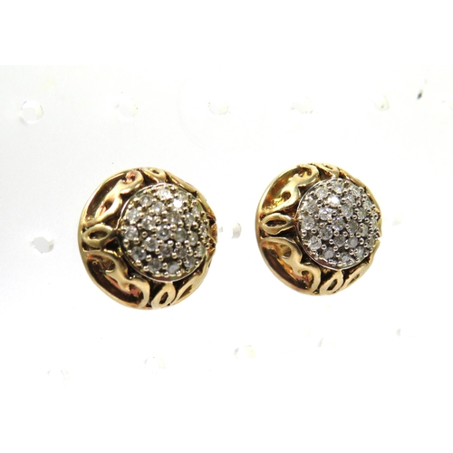 344 - Pair of 9ct Yellow Gold Circular Ear Studs, Diamond Set. 12mm Diameter. With Fasteners.  5.2