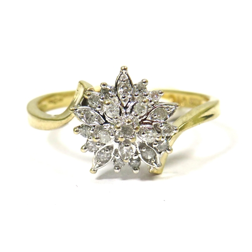 345 - 9ct Yellow Gold Ring set with Diamonds in a Flower pattern. 0.15pts of Diamonds. Finger size  P    2... 