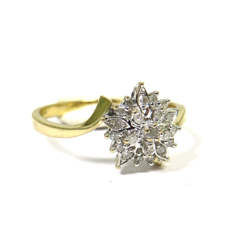 345 - 9ct Yellow Gold Ring set with Diamonds in a Flower pattern. 0.15pts of Diamonds. Finger size  P    2... 