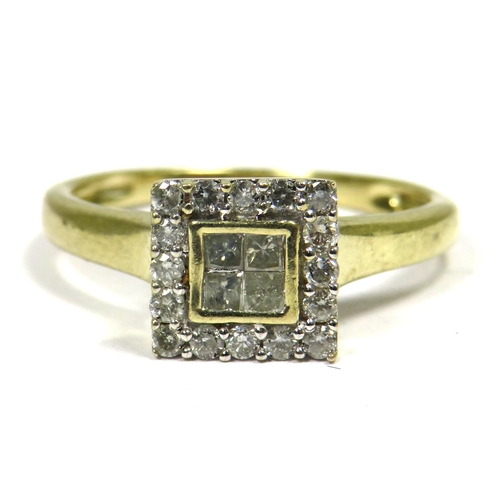 351 - Art Deco style 9ct Yellow Gold Ring set with Four Central Diamonds with melee Diamond Surround.. Fin... 