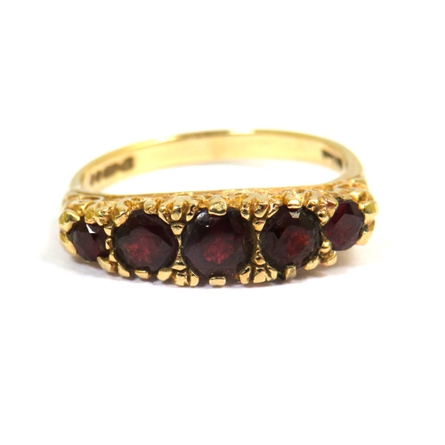 356 - 9ct Yellow Gold Ring set with Five Garnets.  Finger size 'O'    2.9g