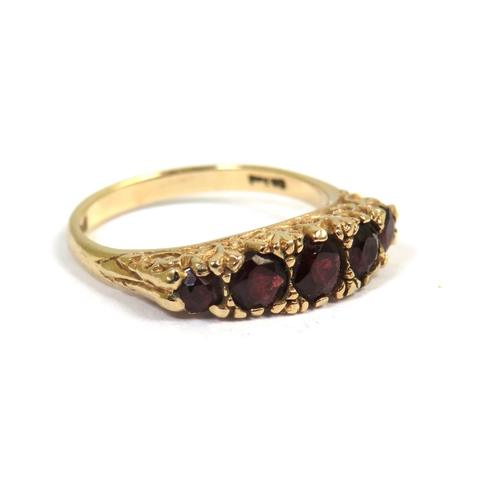 356 - 9ct Yellow Gold Ring set with Five Garnets.  Finger size 'O'    2.9g