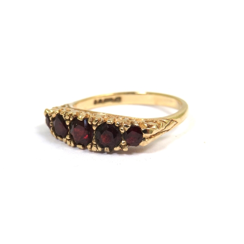 356 - 9ct Yellow Gold Ring set with Five Garnets.  Finger size 'O'    2.9g