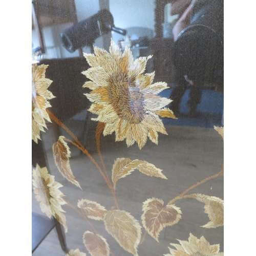 1006 - 1940's Era Firescreen with embroidered Sunflower decorations under glass. Carved Surround.  H:40 x W... 