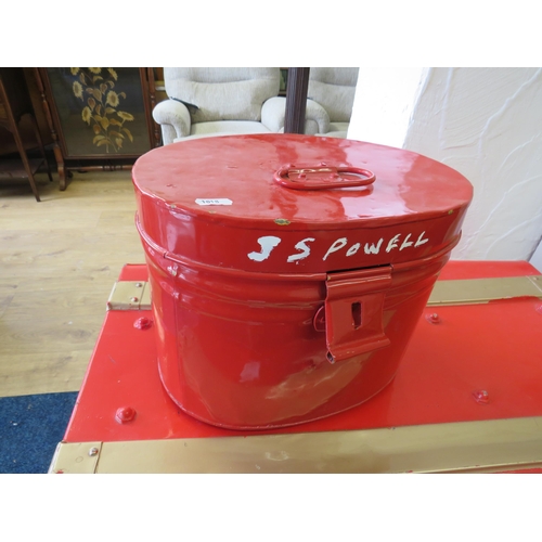 1018 - Metal Chest over painted in Bright red with matching metal hatbox. See photos.