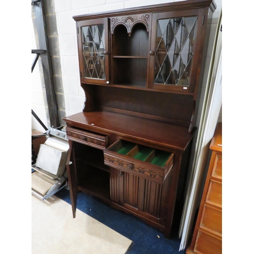 1033 - Dark Oak Dresser with Leaded Glazed doors above.  H:70 x W:45 x D:18 inches. See photos.