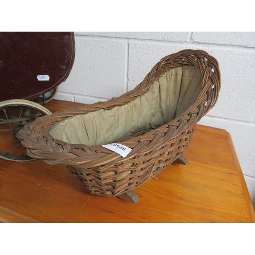 1035 - Victorian era Childs Dolls Pram with Wicker dolls Crib of the same age.  See photos.