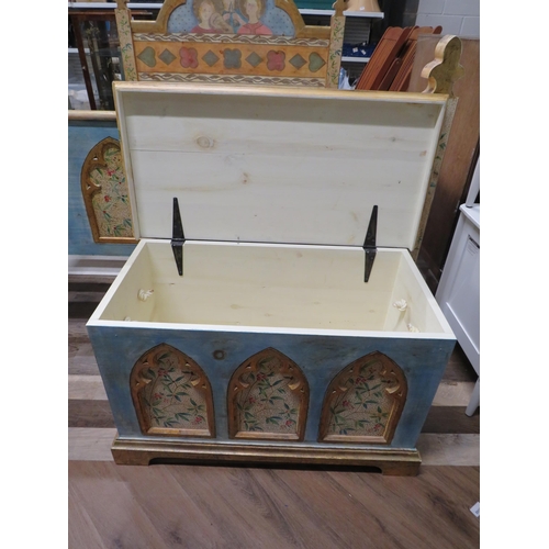 1057 - Hand Painted Gothic Style Blanket Box with handles to side. Measures H:20 x W:33 x D:16 inches. See ... 