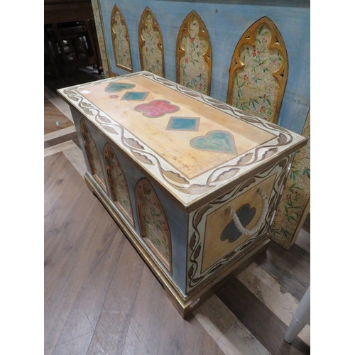 1057 - Hand Painted Gothic Style Blanket Box with handles to side. Measures H:20 x W:33 x D:16 inches. See ... 