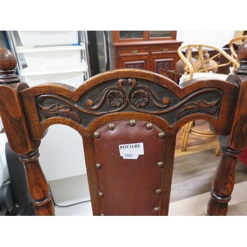 1063 - Pair of Vintage Parlour chairs in Oak with red leather seats. See photos.