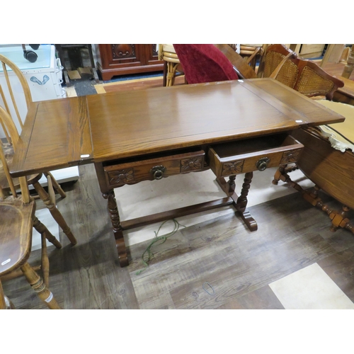 1065 - Old Charm Style Oak Table with drawers and short folding extensions.  H:27 x W:49 x D21 inches. See ... 