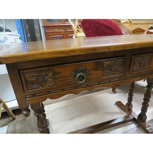 1065 - Old Charm Style Oak Table with drawers and short folding extensions.  H:27 x W:49 x D21 inches. See ... 