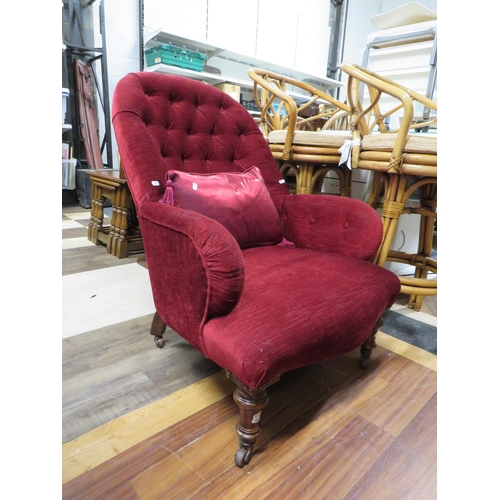 1069 - Victorian era Club Chair upholstered in deep red Velour, See photos.