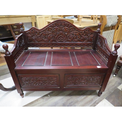 1073 - Carved monks bench type seat with storage under plus a circular wine table.  See photos.