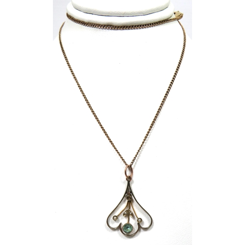 378 - 9ct Yellow gold Art Nouveau Pendant set with seed pearls and a central Aqua stone. (one small stone ... 